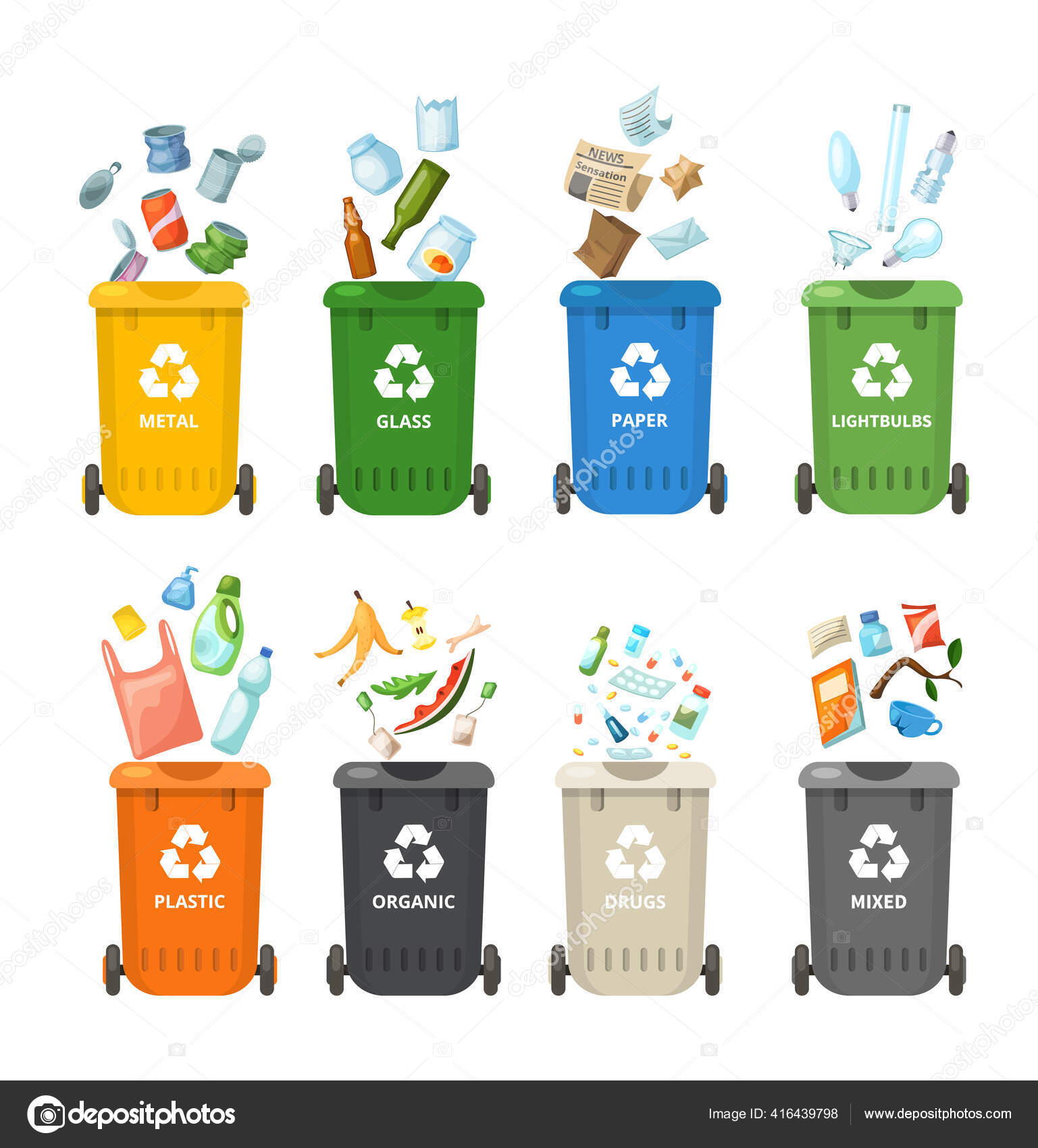 Trash in garbage cans with sorted garbage. Recycling garbage separation  collection and recycled Stock Vector