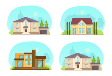Çatı, banliyö evleri, misafir evi, malikâne, ev, tuğla, bina gibi renkli kır evleri kurun. Ön apartman dairesi. Gayrimenkul vektör çizimi izole edildi.