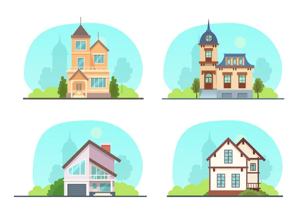 Set Colorful Country Town Houses Roof Suburban Cottages Guest House — Stock Vector