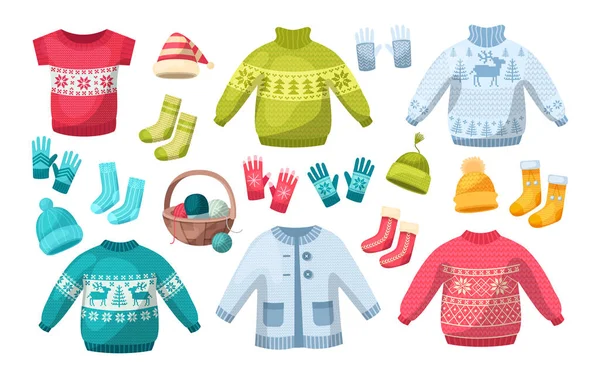 Χαριτωμένο Πλεκτό Ζεστά Ρούχα Χειμώνα Μαλλί Πλέξιμο Καπέλα Χειμωνιάτικα Ρούχα — Διανυσματικό Αρχείο