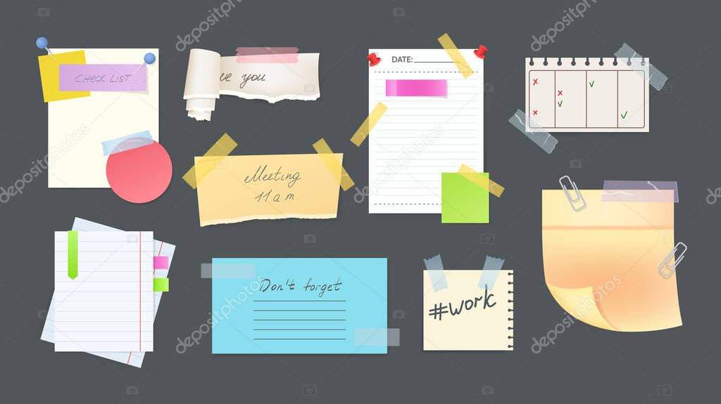 Paper notes on stickers, reminders notepads, memo messages torn paper sheets attached with transparent tape. Office torn pieces for write short notes, messages of meeting reminder, to-do list vector