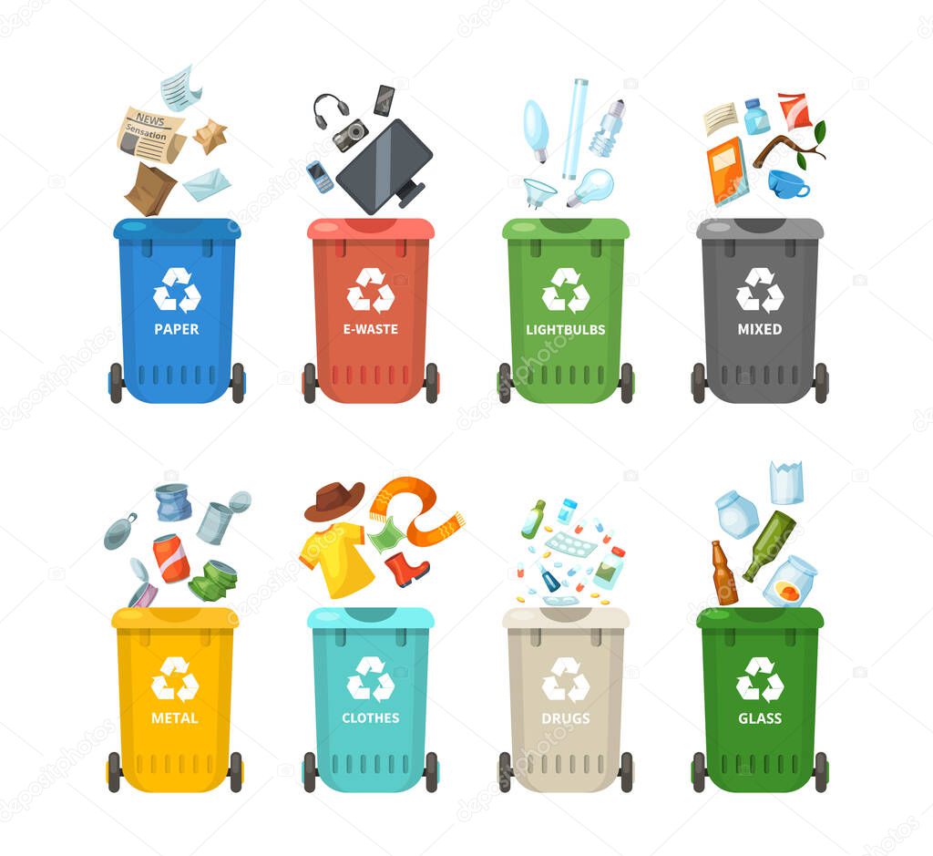 Trash in garbage cans with sorted garbage for paper, clothes, glass, metal, drugs, light bulbs, e-waste. Separation of garbage into different containers. Recycling sorting, waste collection vector