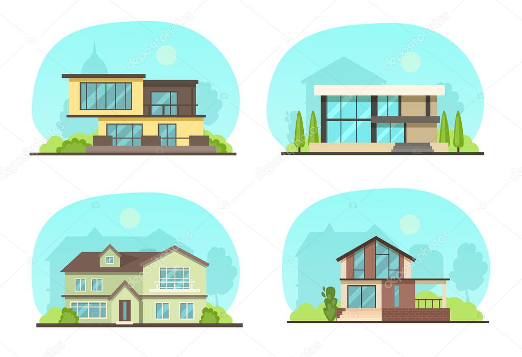 Set colorful country town houses with roof, suburban cottages, guest house, mansion, townhouse, house brick, buildings. Facade apartment house. Real Estate vector illustration isolated.