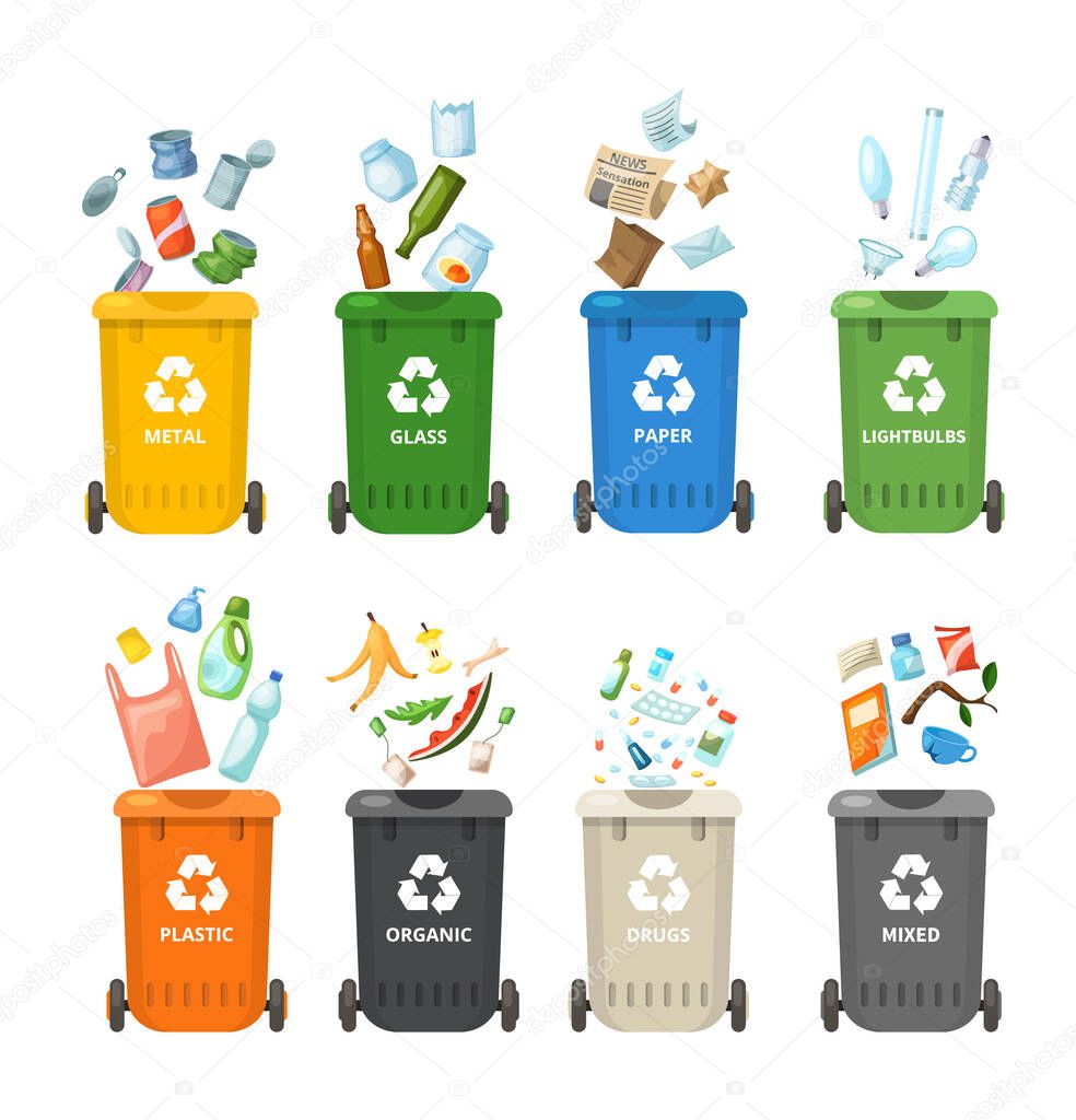 Trash in garbage cans with sorted garbage for organic, paper, plastic, glass, metal, drugs, light bulbs. Separation of garbage into different containers. Recycling sorting, waste collection vector