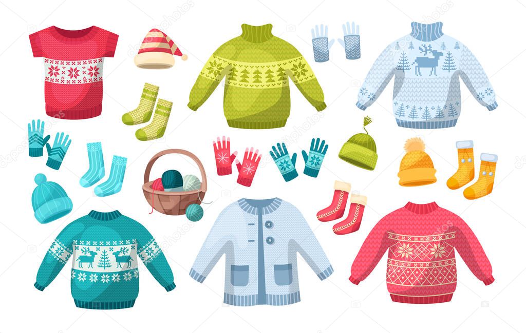 Cute knitted warm winter clothing. Wool knitting winter clothes hats, mittens, Christmas sweaters with festive winter year ornaments, cardigan, jumper, gloves, socks, couple of woolen threads vector