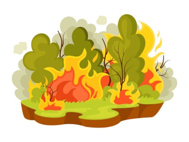 Doğal afetler orman yangınları. Yanan ağaçlarla yanan orman yangınları. Felaket, felaket, doğa tahribatı. Alevler içindeki odun, kuru hava kuraklığı çizgi film vektör çizimi tehlikesi
