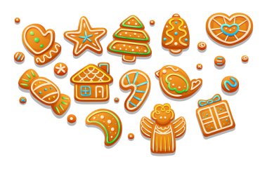Zencefilli bayram kurabiyeleri font alfabesi. Noel ya da yeni yıl kış yemekleri ve jöleli şeker. Ağaç, ev, lolipop, çan, kalp, hediye kutusu, kuş, şeker, melek vektörü şeklinde zencefilli kurabiye.