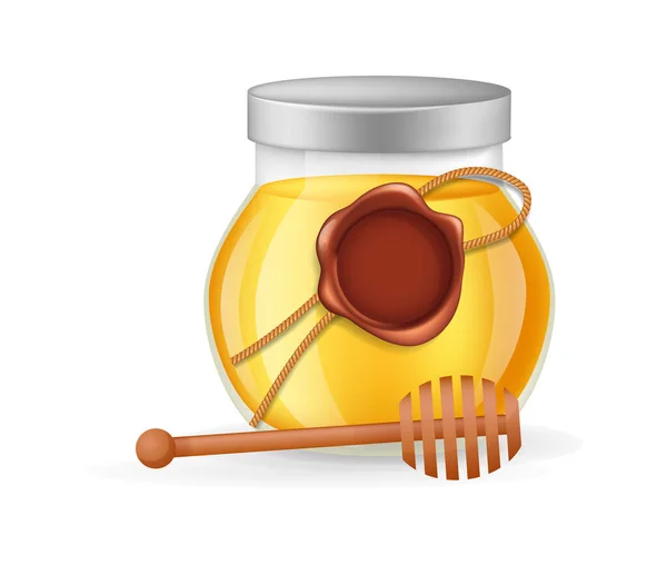 Honigprodukt Transparentes Glas Mit Honig Und Kochlöffeldipper Und Rotem Siegelwachsstempel — Stockvektor