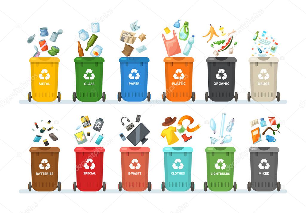 Trash in garbage cans with sorted garbage for organic, paper, plastic, glass, metal, tablets, batteries. Separation of garbage into different containers. Recycling sorting, waste collection vector