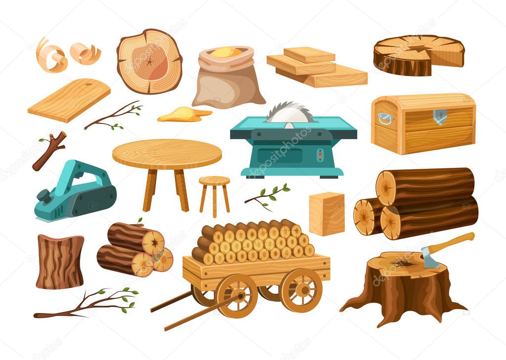 Wood industry material tools and products, tree trunks, bark, wood kitchen utensils, branches, planks, wooden furniture, chest, shavings. Logs, boards for the forest lumber industry set cartoon vector