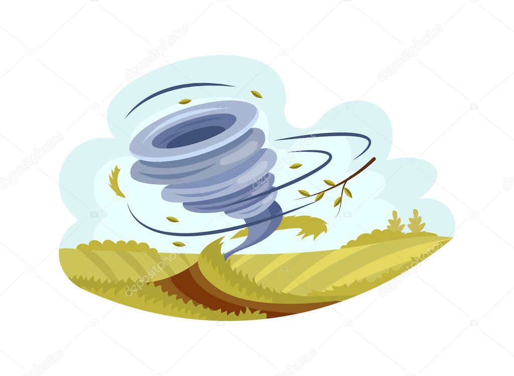 Natural disasters Tornadoes. Whirlwind of tornado over lawn, destroys folds lawn and raises funnel of dust and earth. Hurricane storm in countryside landscape, cataclysm, catastrophe vector