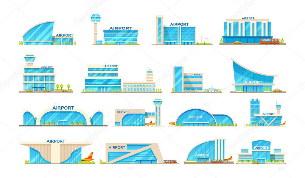 Set of airport building and airplanes, taxi, car, loader. Airplane on the runway. Architecture building airports set. Public transport bus, taxi, cars cartoon vector illustration