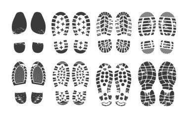 İnsan ayak izi. Ayakkabı izleri siluet, ayakkabılar, botlar, kadın ve erkeklerin ayak izleri, dokulu adımlar. Kirli ayakkabı izleri, asfalt ve zeminde ayak izleri, adım silueti vektörü.