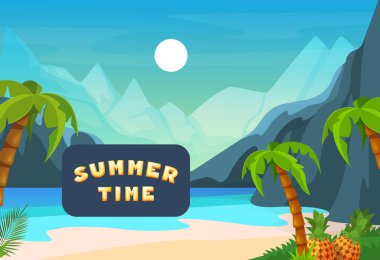 Renkli tropikal plaj elementleriyle klasik tarzda yaz tatili illüstrasyonları. Adanın kumlu yaz plajı, okyanusta kayalar tepelerin silueti ve ufukta yükselen güneş..