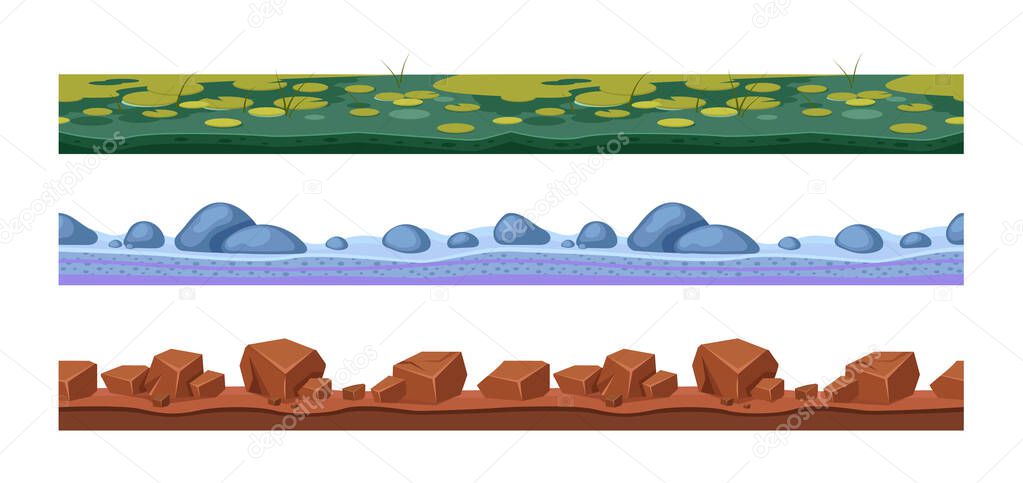 Landscape grounds seamless. Cartoon texture different ground, landscape seamless vector background. Gaming floor texture. Swamp water with grass, sandy ground, nature soil layers with rocks.