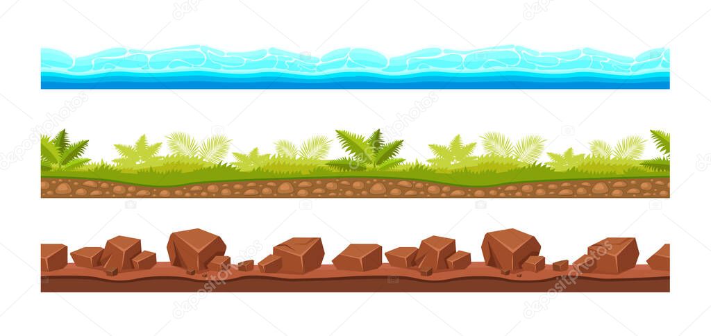 Landscape grounds seamless. Water with waves, nature soil layers with rocks, grass with tropical vegetation. Cartoon texture different ground, landscape seamless vector background. Gaming floor texture.