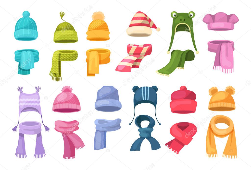 Cute knitted warm autumn and winter clothing. Warm kids boy and girl hats and scarves. Headwear and accessories, children clothes accessory for cold weather cartoon vector