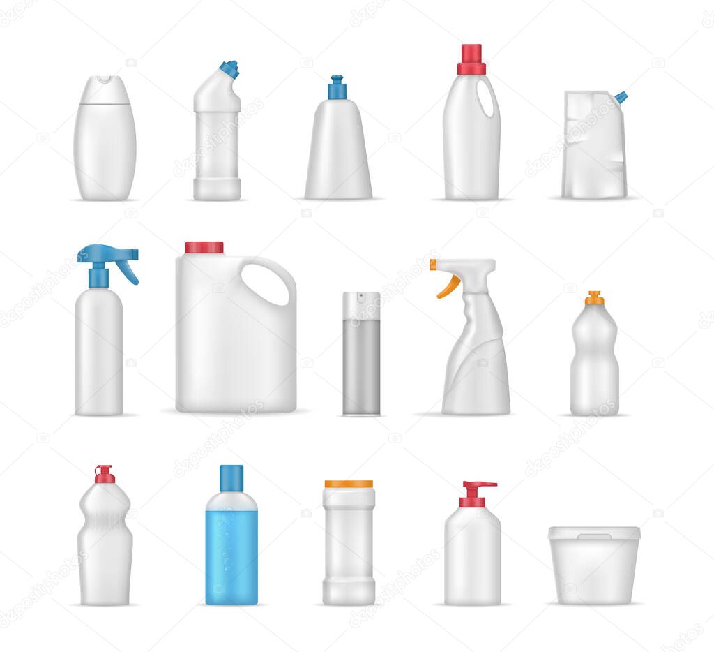 House cleaning products realistic mockup. Cleaning supplies for home, chemistry sprays household, realistic template bottles different shapes on white background for toilet, bathroom, household.