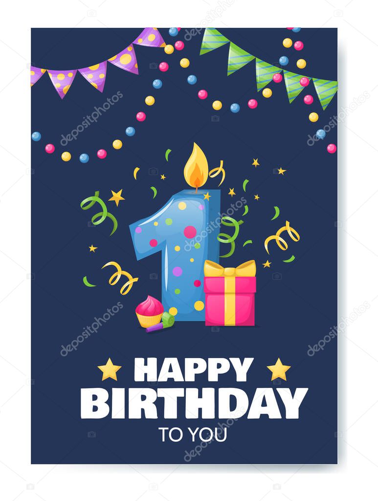 Birthday anniversary number candle. Cheerful celebration gift card with burn candle for cake, birthday number one, holiday decoration. Candle in form of number box with gift for birthday poster vector