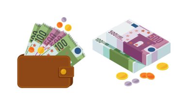 Euro para banknotları ve madeni paralar. Para banknotları cüzdanda ve paketler halinde katlanmış. Hazine çantası, bonus oyun unsuru sikkeleri çizgi film vektörü