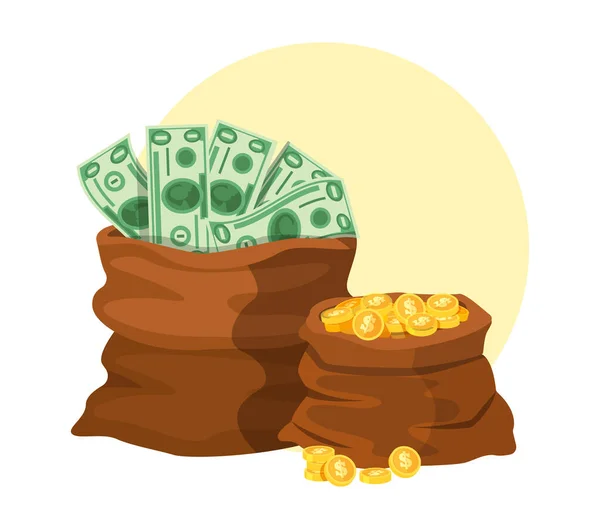 Dollars Geld Bankbiljetten Munten Zak Met Gouden Munten Bankbiljetten Treasure — Stockvector