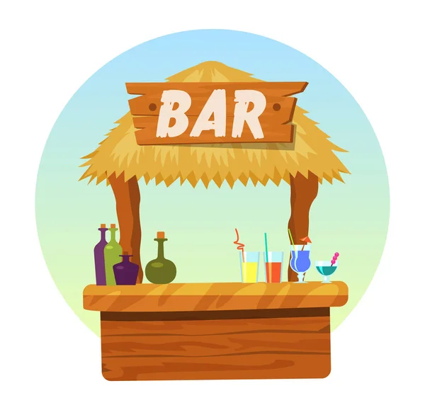 Tiki Bar Con Cartello Capanna Bar Con Tetto Paglia Cocktail — Vettoriale Stock