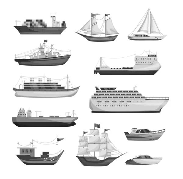 Maritime Ships Silhouette Shipping Boats Sailboat Yacht Sailing Cargo Cruise — Stock Vector