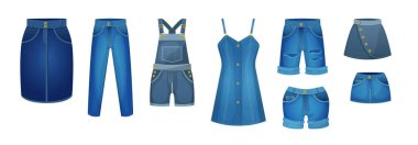 Denim blue clothing jeans female. Casual outfit for women. Blue jean garments for trendy look. Fashion style womenswear. Modern female denim skirt, trousers, overalls, sundress, shorts vector set. clipart