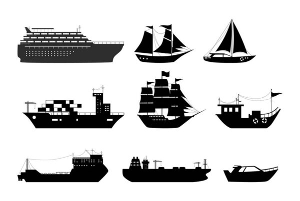 Maritime ships silhouette, shipping boats, sailboat, yacht sailing, cargo cruise ship, steamship, vessel, frigate with sails, battleship, tanker. Water transportation boat tourism transport vector