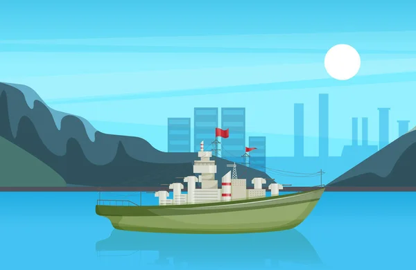 Denizdeki Deniz Gemileri Dağların Şehir Binasının Arka Planında Bir Savaş — Stok Vektör