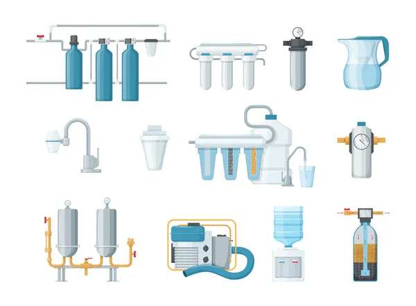 Water filter, filtration. Cleaning system, drink cooler, cartridges, jug with filter, motor pump. Filtering clean water drink in bottle processes, purified liquid with help special technologies vector — Stock Illustration Water Filter Filtration Cleaning System Drink Cooler Cartridges Jug Filter Royalty Free Stock Illustrations