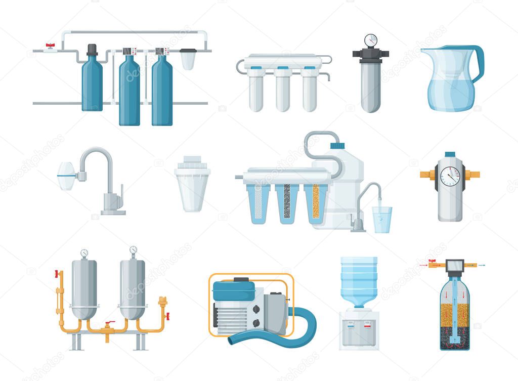 Water filter, filtration. Cleaning system, drink cooler, cartridges, jug with filter, motor pump. Filtering clean water drink in bottle processes, purified liquid with help special technologies vector