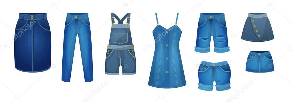 Denim blue clothing jeans female. Casual outfit for women. Blue jean garments for trendy look. Fashion style womenswear. Modern female denim skirt, trousers, overalls, sundress, shorts vector set.