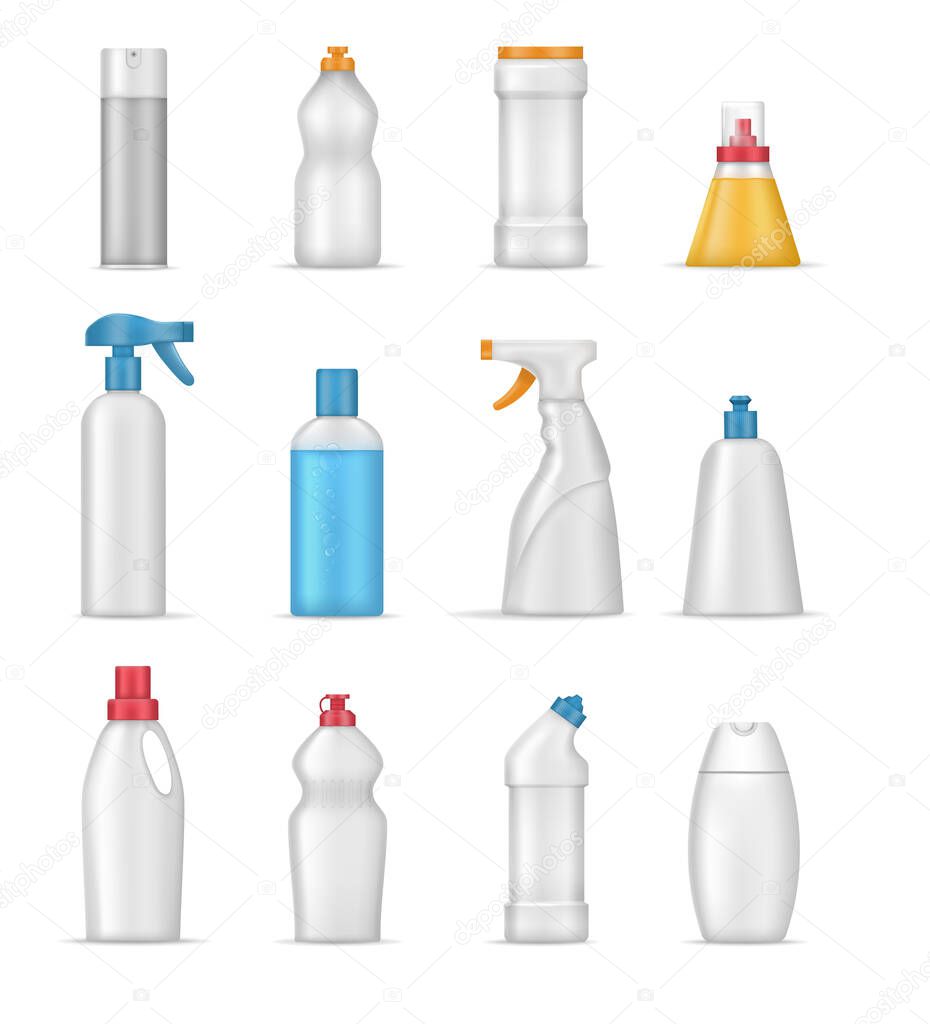 House cleaning products realistic mockup. Cleaning supplies for home, chemistry sprays household, realistic template bottles different shapes on white background for toilet, bathroom, household.