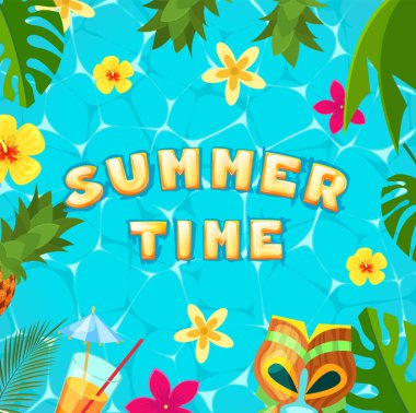 Yaz tatili illüstrasyonu. Renkli tropikal çiçekleri, tropikal meyve ve bitkileri olan bir hat dizayn pankartı. Tropik bitkiler, yapraklar, afişler, el ilanları, davetiyeler, broşürler.