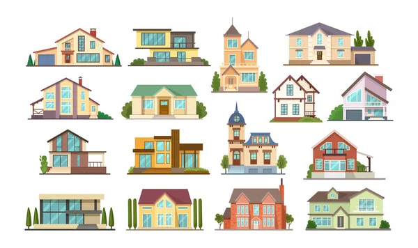 Çatı, banliyö evleri, misafir evi, malikâne, ev, tuğla, bina gibi renkli kır evleri kurun. Ön apartman dairesi. Gayrimenkul vektör çizimi izole edildi.