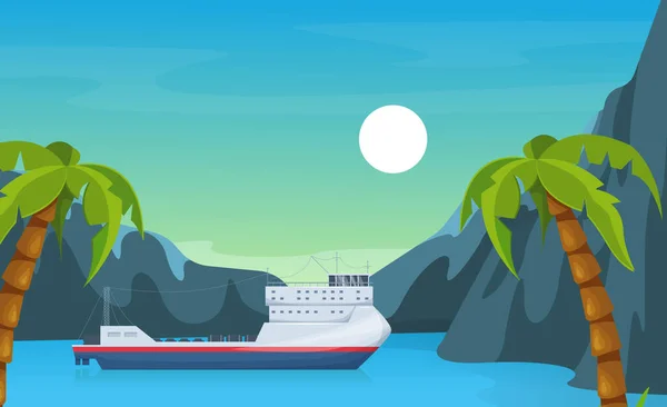 Navires Maritimes Mer Ferry Boat Près Des Palmiers Tropicaux Montagne — Image vectorielle