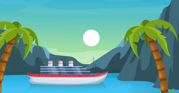 Maritime ships at sea, brigantine ship near tropical palm and mountain. Water transportation tourism transport cartoon vector illustration