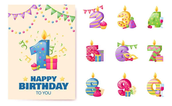 Aniversário Aniversário Números Vela Cartão Presente Alegre Com Números Elementos — Vetor de Stock