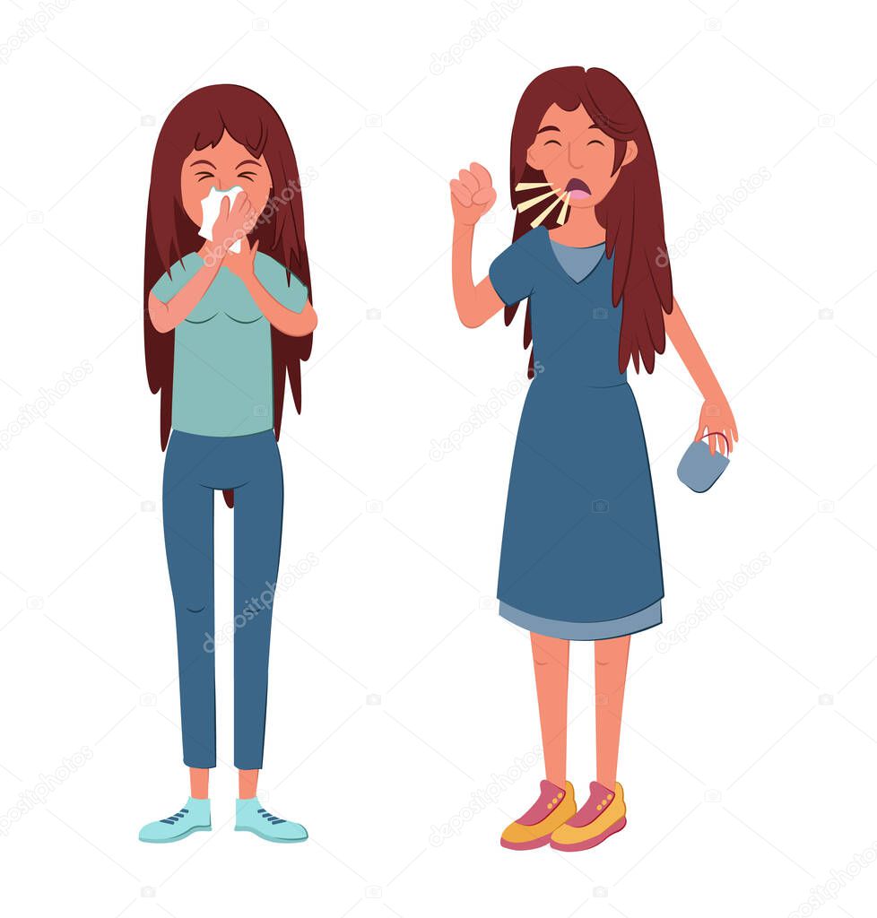 Preventing spread respiratory infections. Cold symptoms, acute cough and runny nose in young girls, vector cartoon. Protection from coronavirus outbreak, pandemic. Respiratory disease, virus spread.