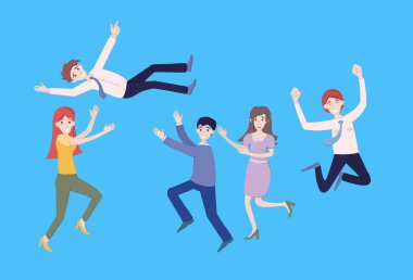 Takım başarıyı kutlar. Ödüllü başarılı iş arkadaşları. Mutlu insanların takım çalışması, atlama, birlikte zaferi kutlamak. Başarı ödülü, karakter vektörünü kazanmak