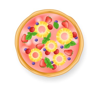 Beyaz arka planda gerçekçi pizza. Geleneksel İtalyan yemeği ananas, kiraz ve çilekli meyve pizzası. Restoran ve ev yapımı gıda vektörü çizimi