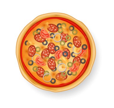 Beyaz arka planda gerçekçi pizza. Geleneksel İtalyan yemeği pizza, domatesli, zeytinli, sosisli. Restoran ve ev yapımı gıda vektörü çizimi