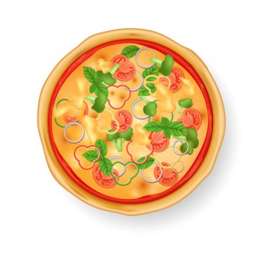 Beyaz arka planda gerçekçi pizza. Geleneksel İtalyan yemeği vejetaryen sebze pizzası. Restoran ve ev yapımı gıda vektörü çizimi