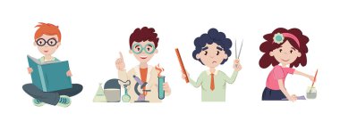 Sınıftaki okul çocukları ders alıyor. Okula dönelim. Kimya, çizim, beden eğitimi, astronomi, kütüphane, geometri vektör ilüstrasyonunda tatlı okul çocuğu.