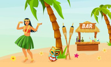 Hawai partisi. Geleneksel yapraklardan yapılmış Hawaii 'li kız, plajda palmiye ağaçları arasında dans ediyor ve tiki bar yakınlarında tropik bitkiler yetiştiriyor. Tropikal Hawaii plaj partisi vektörü