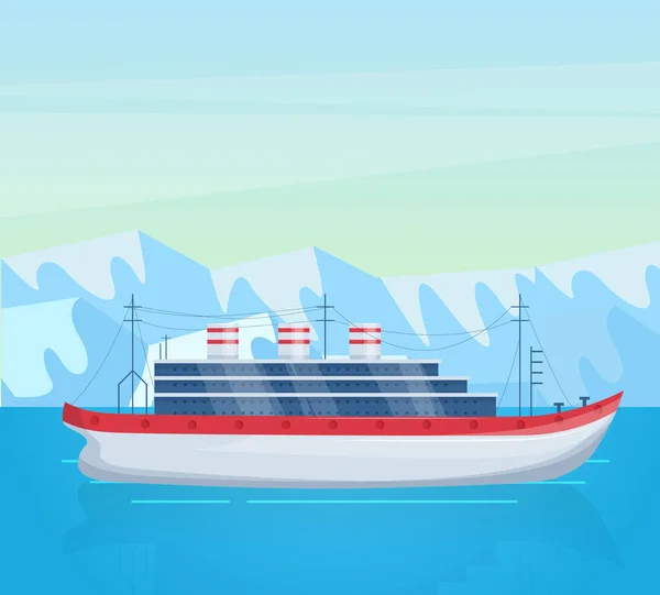 Maritime ships at sea, brigantine ship near mountain. Water transportation tourism transport cartoon vector illustration