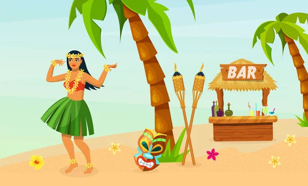 Hawajska Impreza Hawajska Dziewczyna Tradycyjnej Sukience Liści Tańcząca Plaży Wśród — Wektor stockowy
