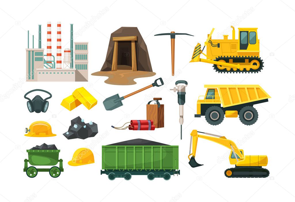 Mining industry equipment. Excavator, dump truck, bulldozer, wagons with coal, factory of plant complex, explosives, coal cart, miner helmet. Mining technics and transportation vehicles vector