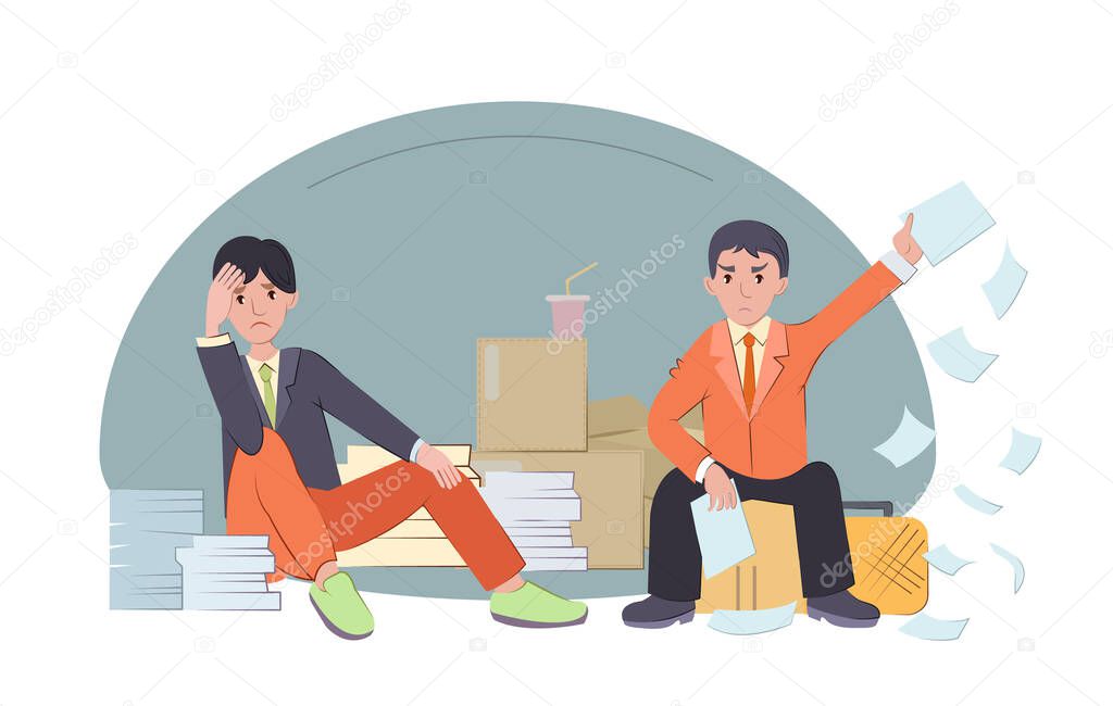 Sad pensive men, brooding sitting and scattering sheets of paper. People being fired from work, man loses his job in a crisis. Concept of layoffs, unemployment, job cuts cartoon vector